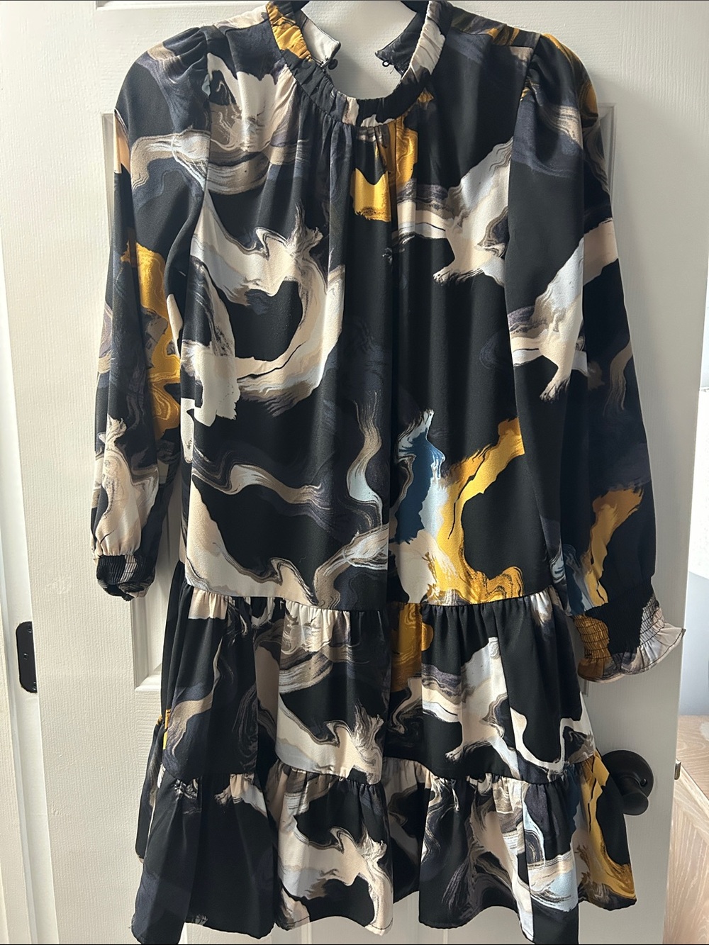 Black Abstract Print Long Sleeve Tiered Dress